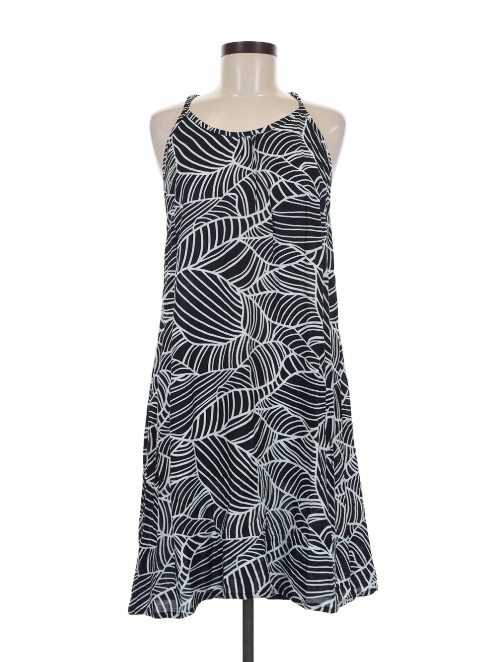 NoPuo Honolulu Black & White Leaf-Print Sleeveless Dress